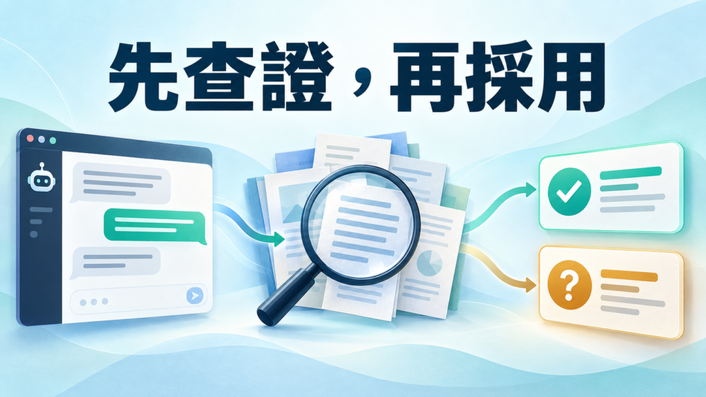 AI 對話經放大鏡核對原始文件，再區分已核實與待查證結果的流程示意圖