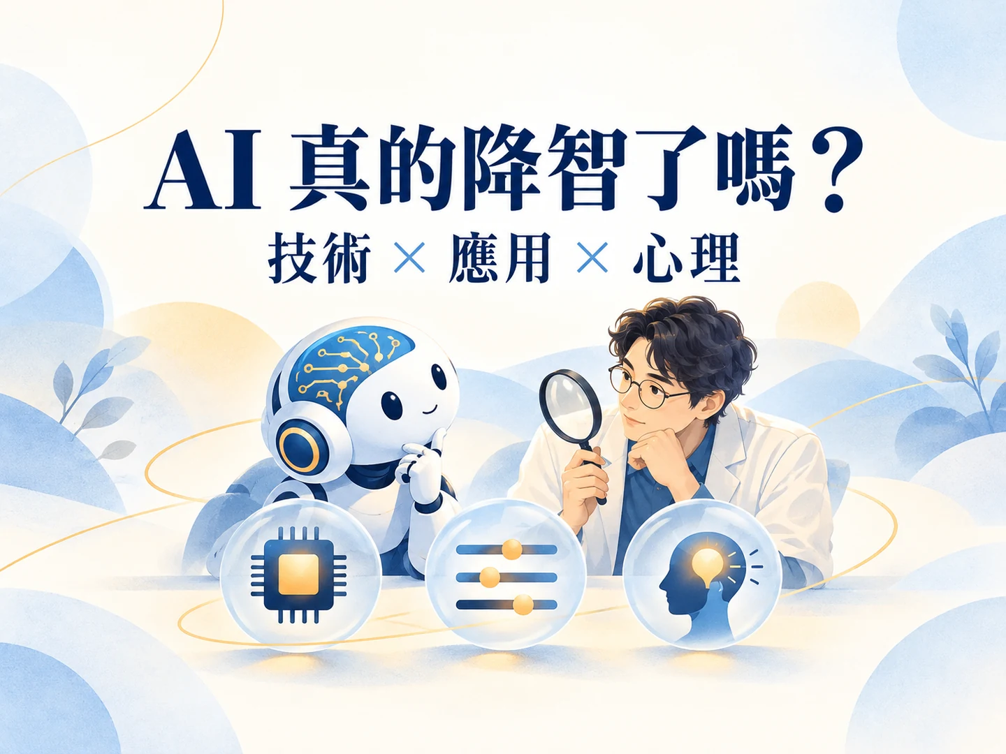 AI 真的降智了嗎?技術、應用與心理:機器人與研究者一起檢查模型、設定與使用感受的示意插畫