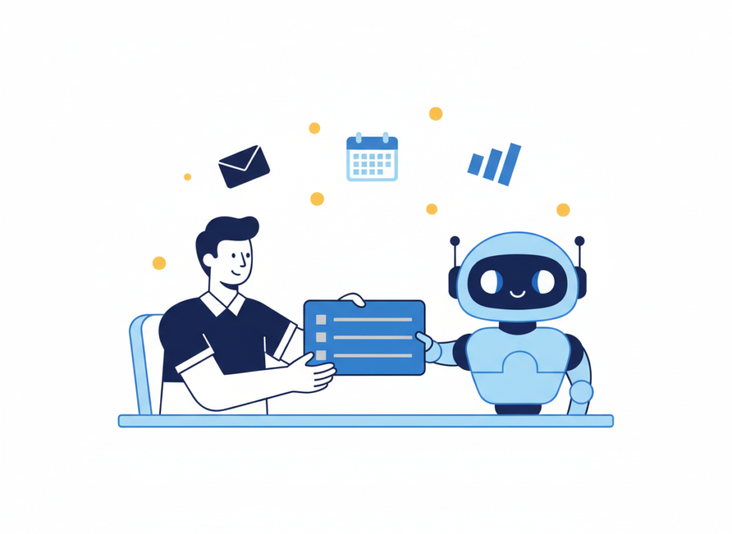 上班族把一張寫清楚的任務卡交給友善的 AI 助理