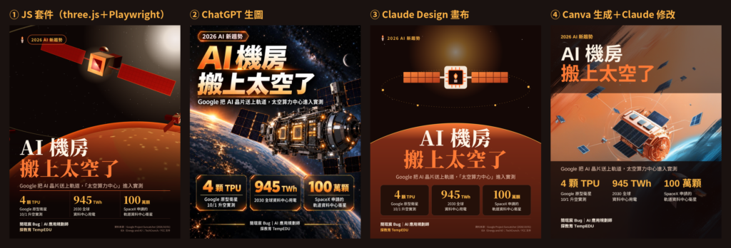 四種方法做出的配圖並排比較:JS 套件、ChatGPT、Claude Design、Canva
