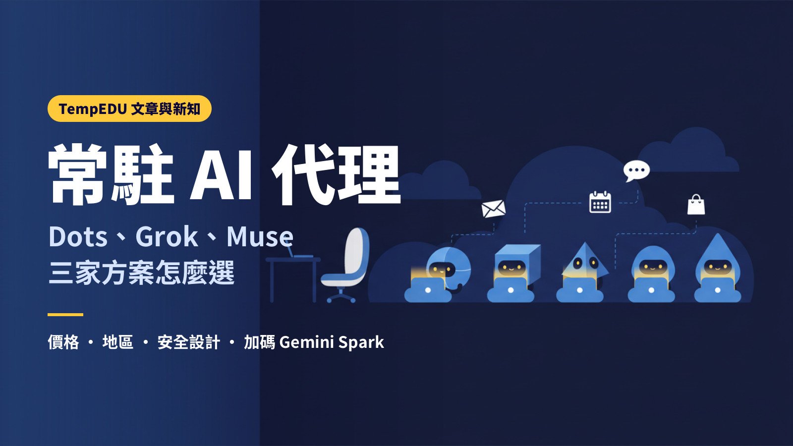 常駐 AI 代理：Dots、Grok Bot、Muse 三家方案怎麼選（文章封面）