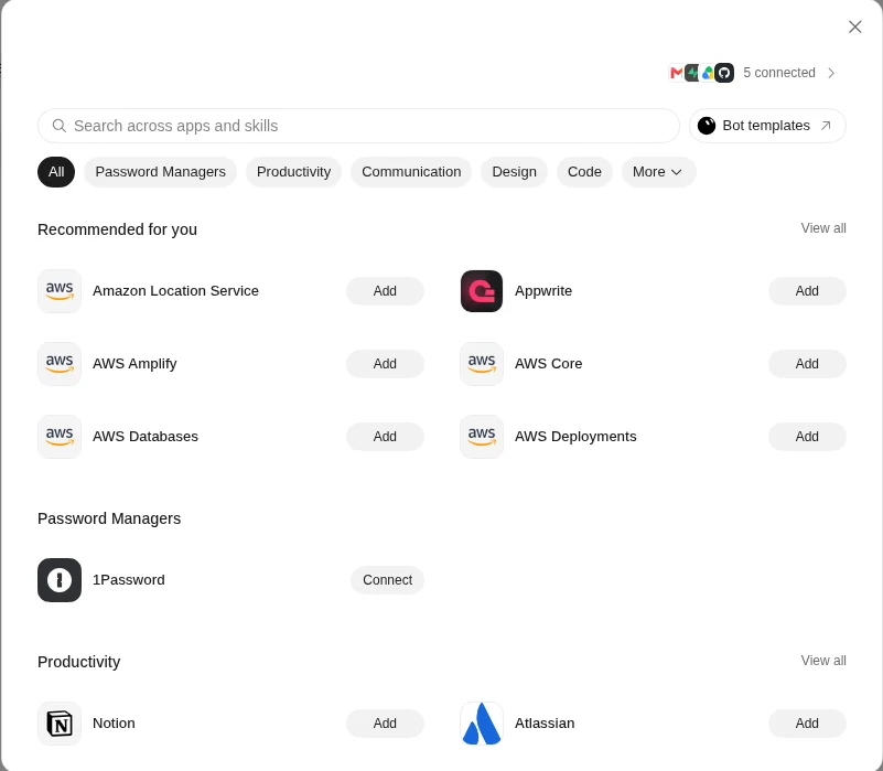Connect apps 視窗，列出可連接的服務與分類