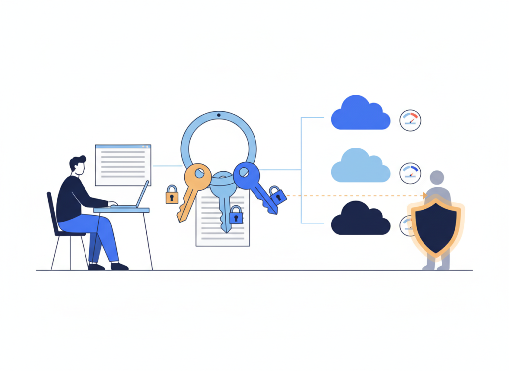 一把工具一把金鑰、各自設上限的 API 金鑰管理示意圖